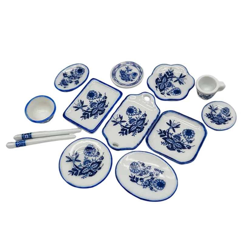 

1Set Dollhouse Miniature Tableware Porcelain Ceramic Tea Cup Miniature Ceramic Blue White Tableware Ornaments Mould Parts