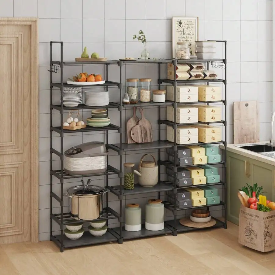 9-Tier Slim Metal Kitchen Storage Rack, Tall Space-Saving Pantry Organizer Shelf With Hooks For Utensils, Spice Jar Cabinet, Modern Kitchen Remodel Essentials