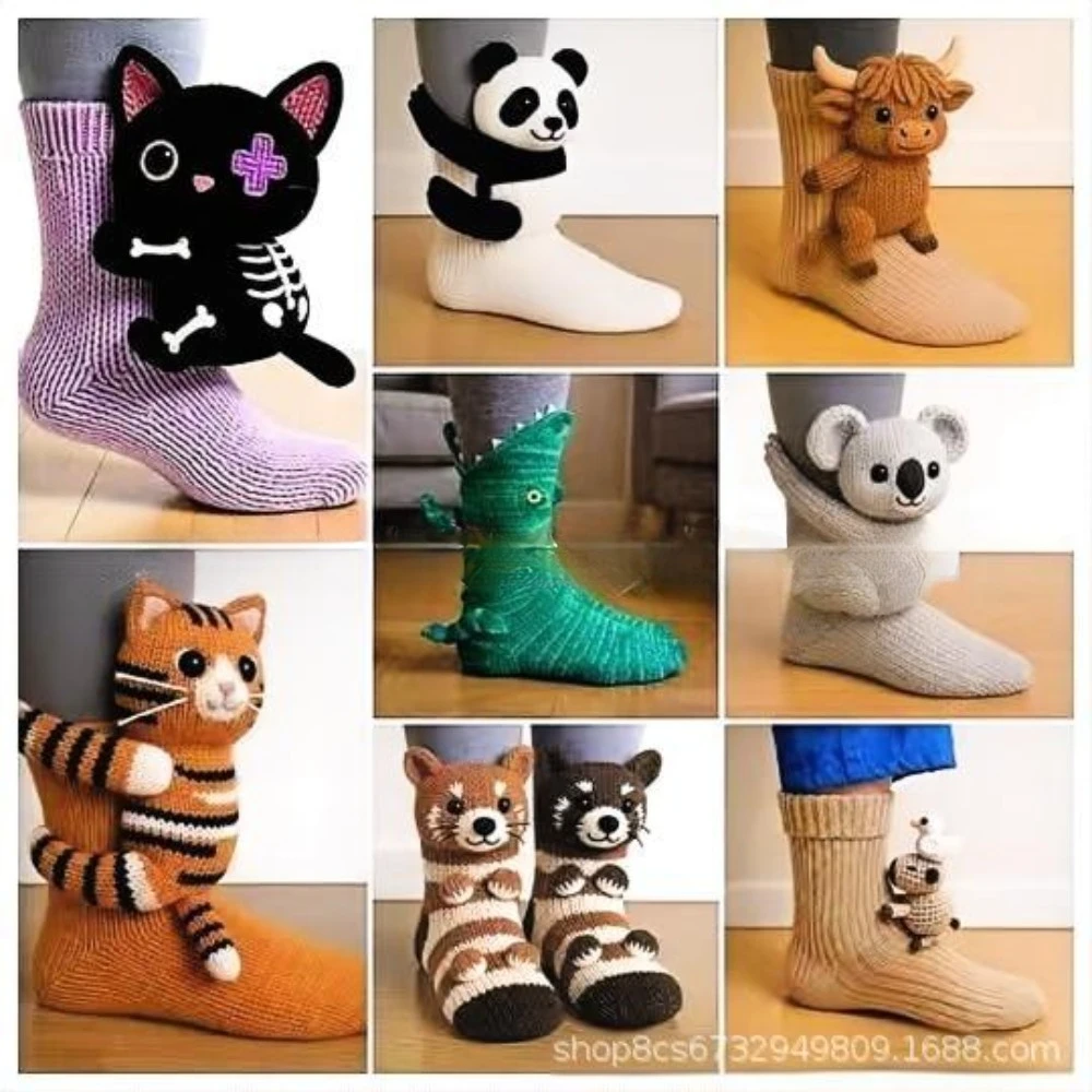 

New 3D Knit Animal Socks Double Layer Warm Funny Socks Hand Crocheted Breathable Middle Tube Socks Christmas Gifts Legs Warme