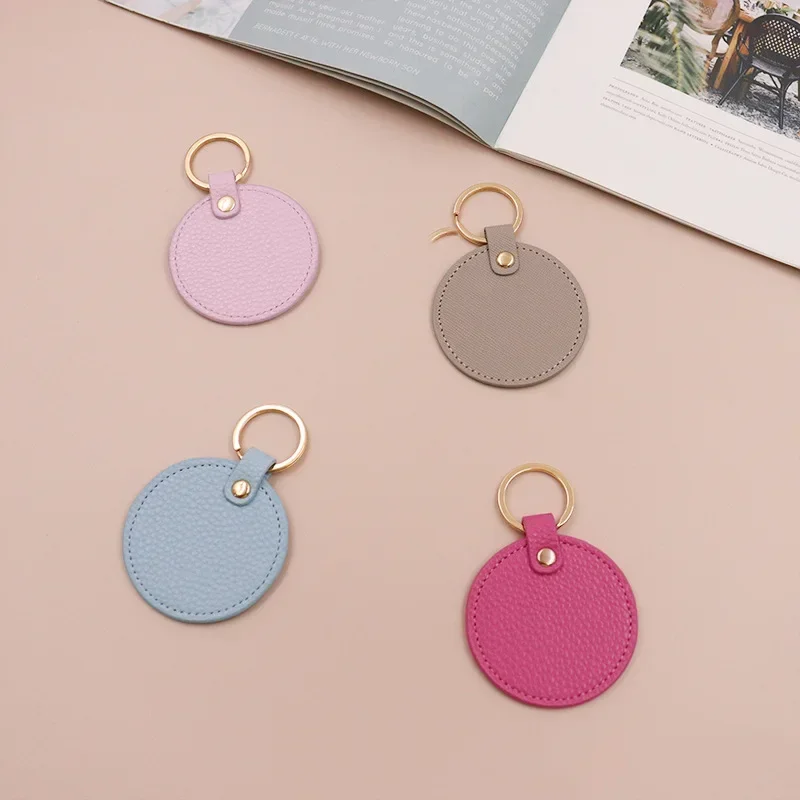 

Laser Engrave Circle Key Chain Csutom Logo Lichee Pattern Round PU Leather Keychain Personalize Name Room Number Car Bag Keyring