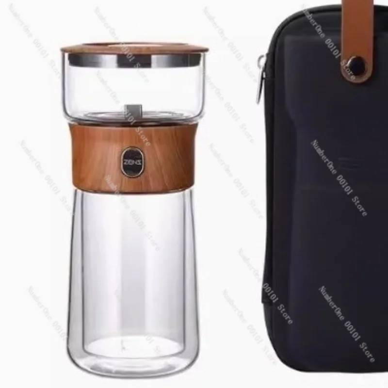 Portable Wood Grain Travel Tea Set, Kuaike Cup with Tea Separation, Camping Teapot and Cup Set for Outdoor Lazy Tea Brewing