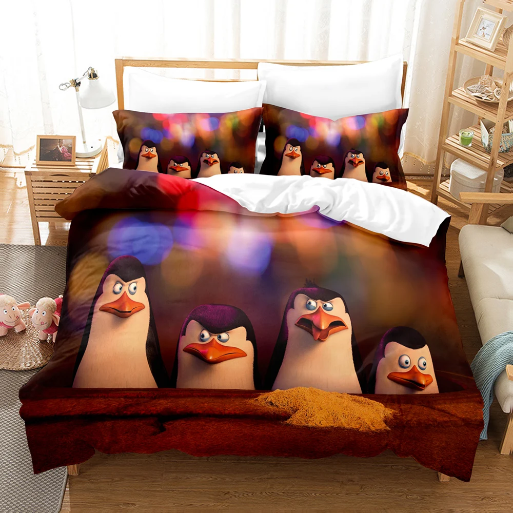 Cartoon Madagascar Penguin Bedding Set Boys Girls Twin Queen Size Duvet Cover Pillowcase Bed Kids Adult Home Textileextile