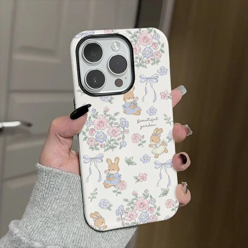 

White Full Screen Flower Rabbit Case for IPHONE 17 16ProMax 15 14 13 12 11 PRO Plus Acrylic TPU Two in One Magnetic Phone Cases