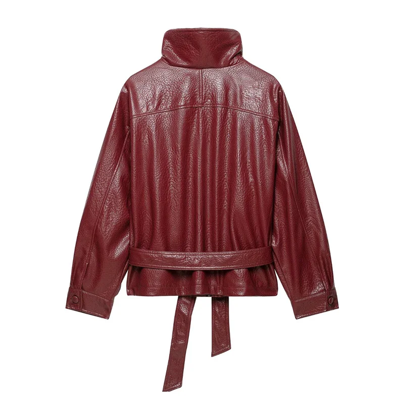Guobioziy 2026 Women's Jacket Fall/Winter New Arrival Wine Red Long-Sleeve Loose Belted Faux Leather Biker Parka Stylish Trendy