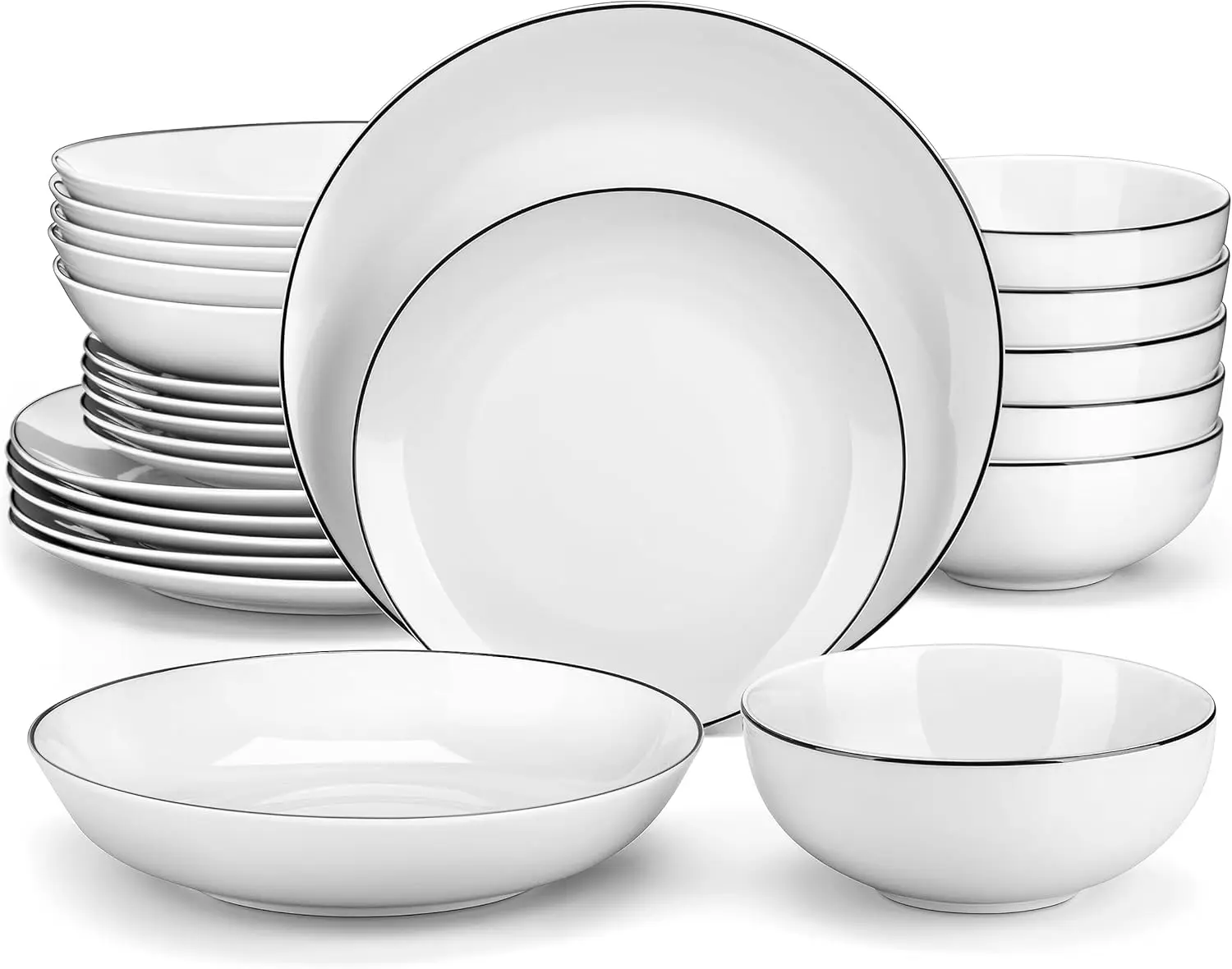 

24-Piece Gourmet Porcelain Dinnerware Sets, Modern White with Black Rim Round Dish Set for 6 - Premium Serving Plates a