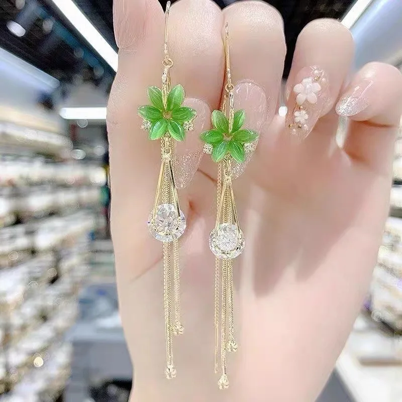 Rimiut Super Flash Green Opal Flower Ear Line Temperament Fashion Long Tassel Earring Party Jewelry for Women  Korean Earrings