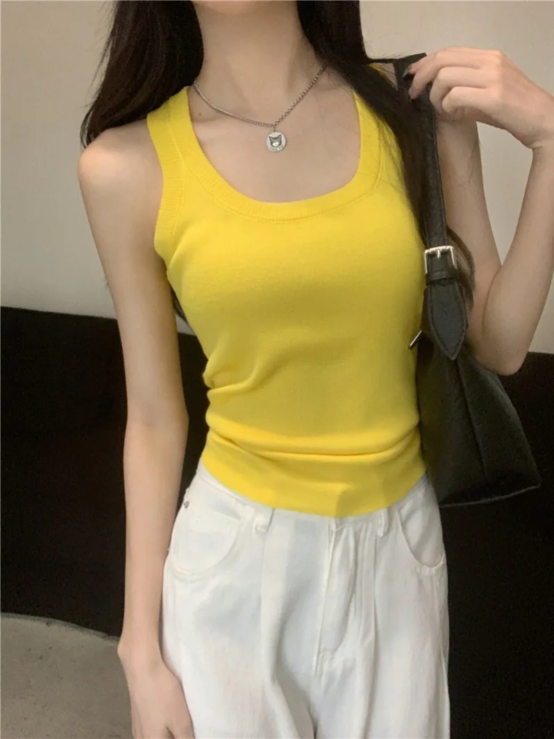 Débardeur rétro américain pour femme, vêtement intérieur amincissant d'été, haut jaune sexy sans manches, inscription 'No Sve Work'