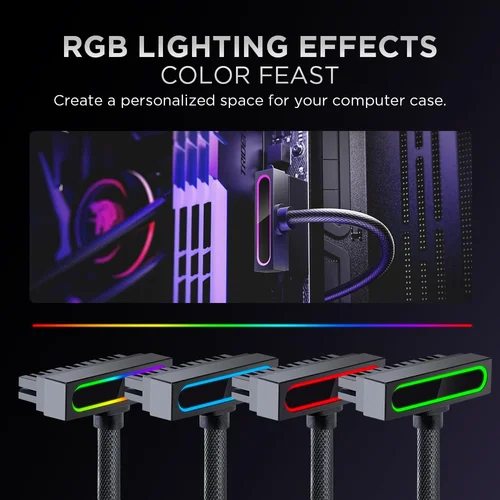 Imagen 2 del producto Cable de extensión PSU AIJS de 24 pines, cable de PC ARGB con 5V 3 pines, diseño de ángulo recto de 90 grados 18AWG para cable de alimentación de PC, macho a hembra