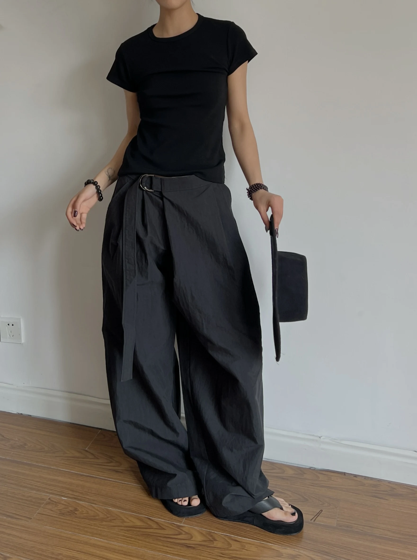 

Airroom Asymmetrical Design Casual Pants Ultra Slimming Drapey Loose Cotton Wide Leg Pants Versatile High Waist Straight Leg