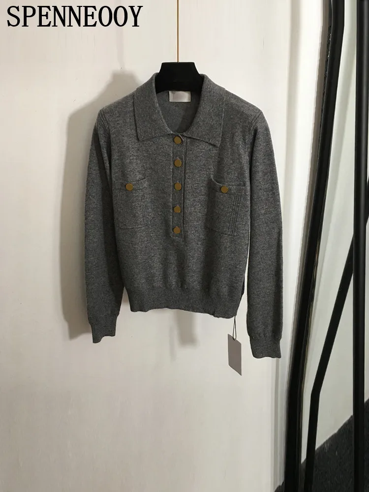 

SPENNEOOY Fashion Runway Autumn Dark Grey Knitting Pullovers Women's Turn-down Collar Button Long Sleeve Loose Warm Sweaters