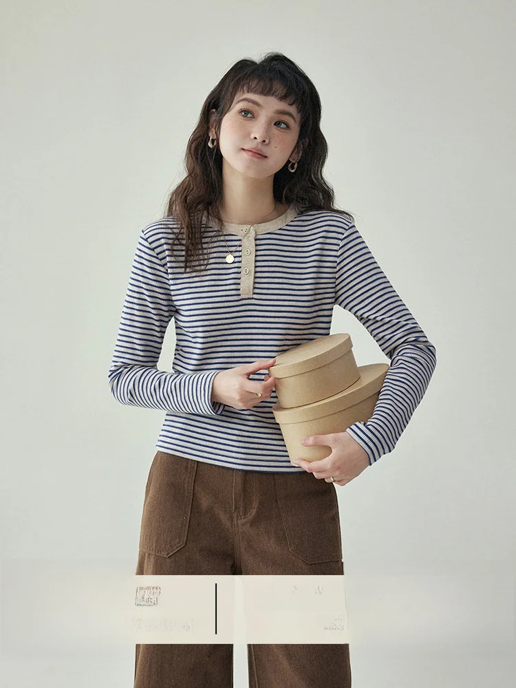 AMUU Knitted Base Shirt Casual Style round Neck Striped Color Block Long Sleeve T-Shirt Women's Polyester Cotton Blend Autumn