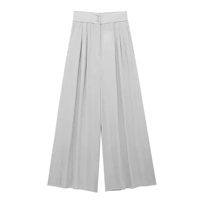 New Female Grey High Waist Pockets Zipper Decorate Trousers Women Summer New Fashion Casual Pleated Wild Wide Leg Long Pants