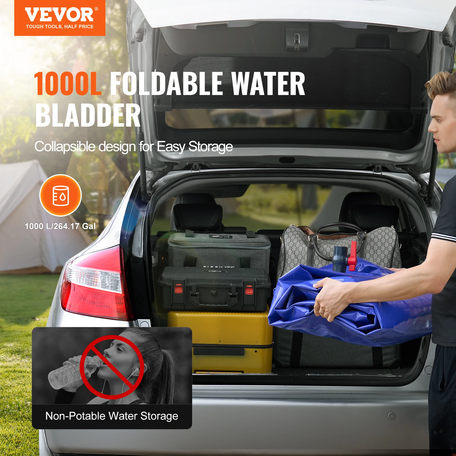 VEVOR 1000L/264 Gallon Water Storage Bladder RV Water Tank 1000D Blue PVC Collapsible Water Storage Containers Soft Water Bag