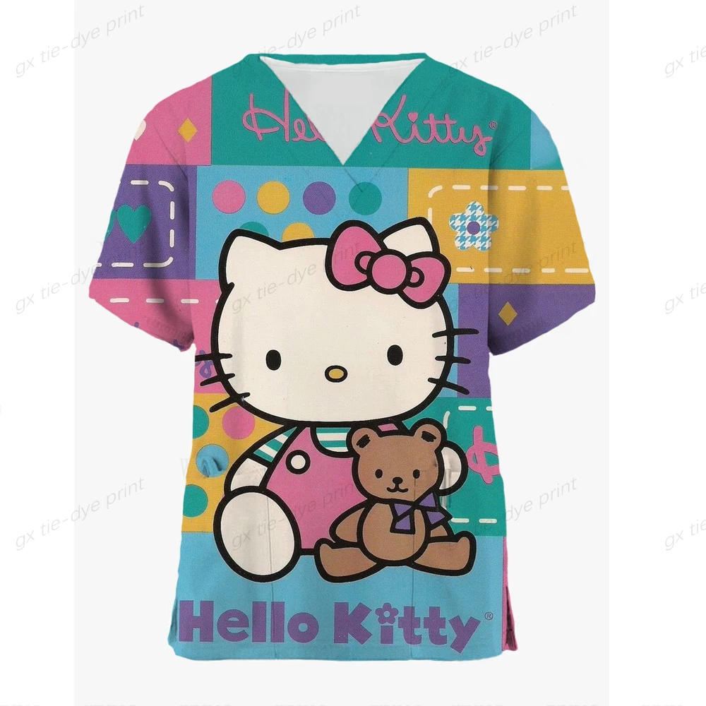 Women Working Uniform Hello Kitty Print Pocket Blouse Short Sleeve V-neck Tops Nurse Uniform Shop Workwear Heathcare Tunic