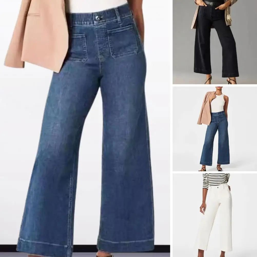 

Wide-leg Denim Trousers Stylish High Waist Flared Hem Women's Jeans with Retro Vibes Multiple Pockets for Commute Travel Ankle