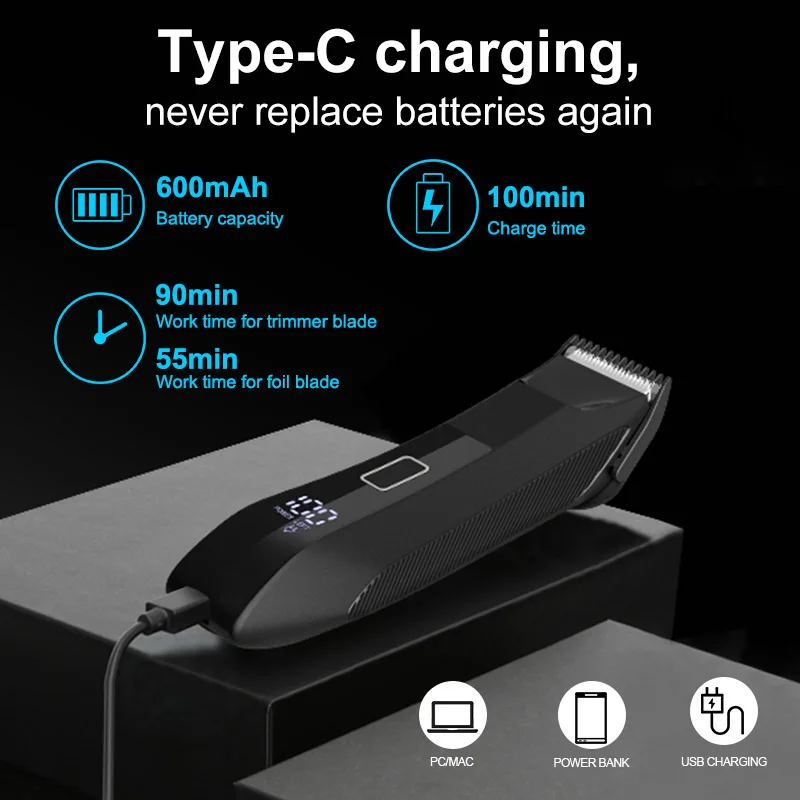 IPX6 wasserdichter 2-in-1-Traum-/Körperschneider – SkinSafe-Doppelkopf-Folienklingen, kabelloser Nass- und Trocken-Trimmer mit USB-C-Schnellladung – Detail 8