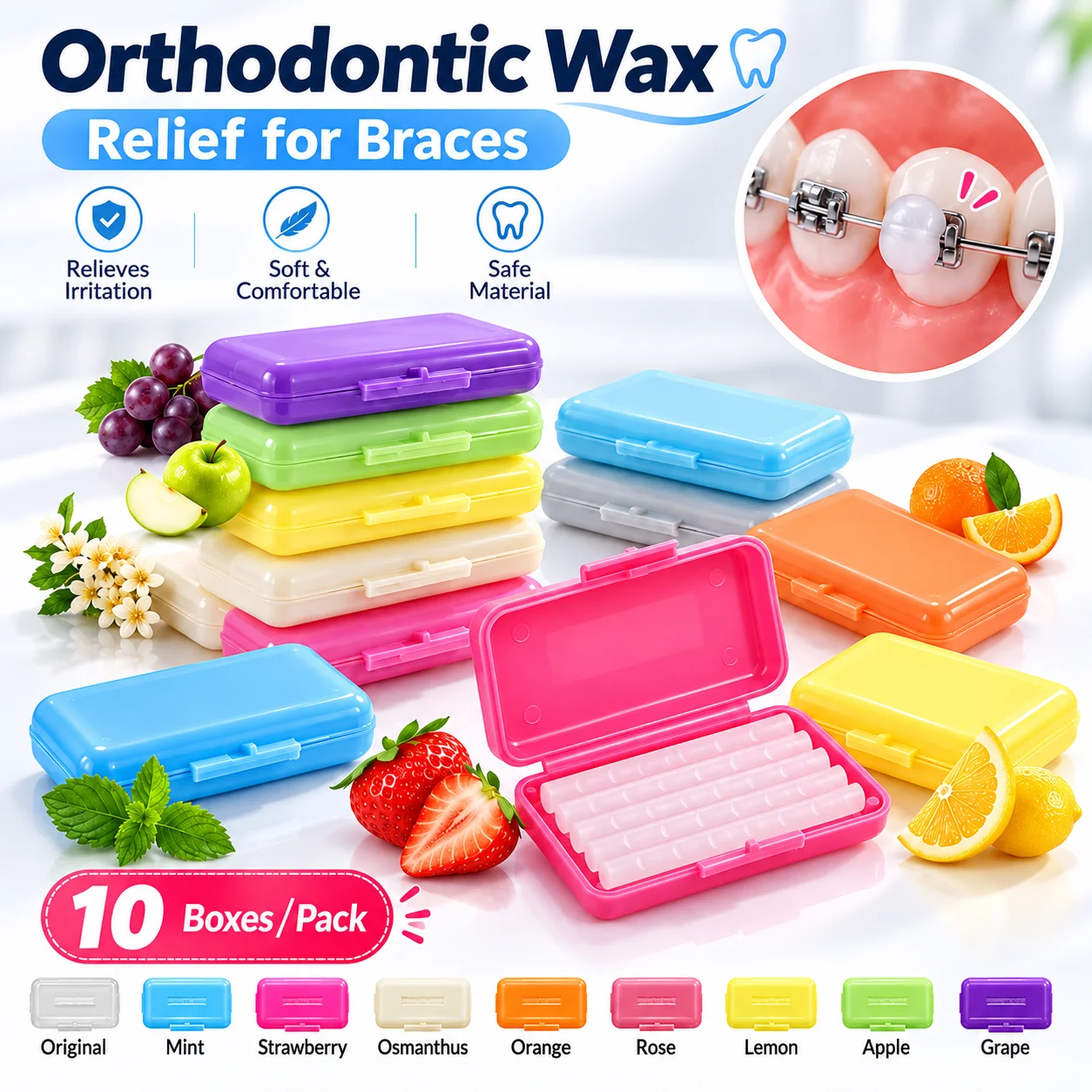 JNSUR 10 Boxes Dental Orthodontic Relief Wax for Bracket Patient Relief Protect Lips and Gums Irritation Fruit Flavour Wax
