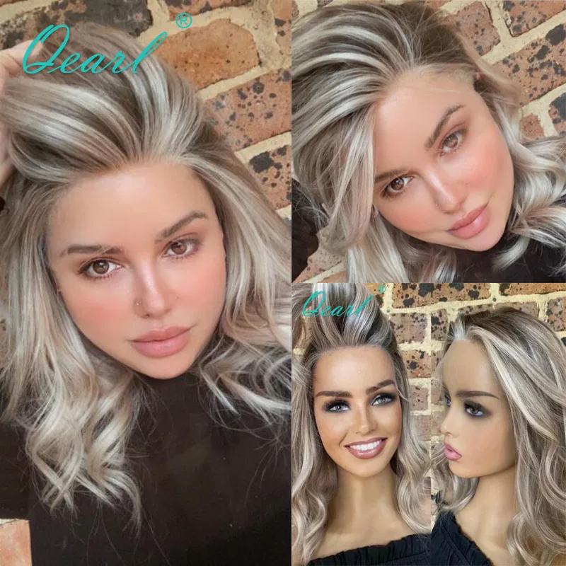 Brazilian Human Hair Wig Sale Free Shipping Ash Blonde with Light Grey Highlights Colored Lace Frontal Wigs 13x4 Virgin Qearl