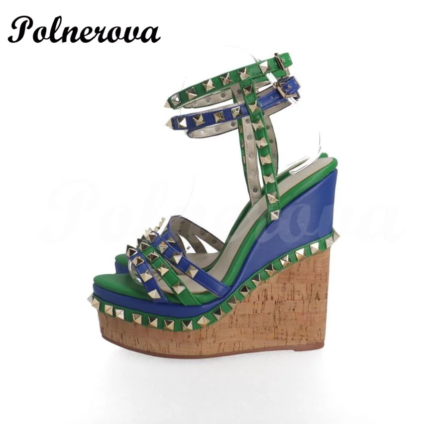 Women Bling Gold Rivets Wedge Sandals Mixed Color Green Blue Espadarille Buckle Strap Brand Design Shoes Gladiator Summer Shoes