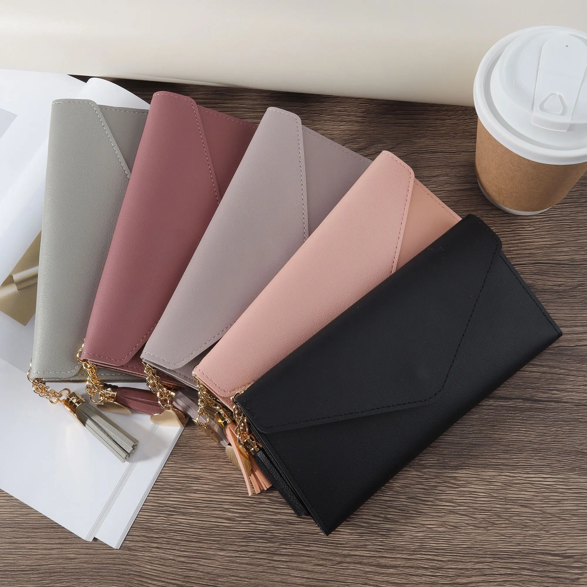 Women's long wallet, coin wallet, three fold multi card slot tassel decoration multifunctional wallet, elegant PU leather foldin