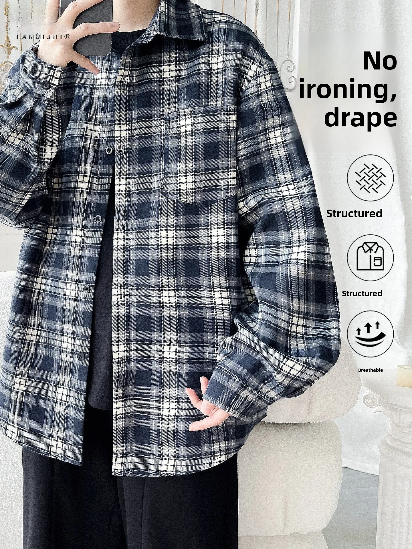 

Мужская повседневная свободная рубашка в стиле ретро на весну-осень, не требующая глажки, из смесового полиэстера и хлопка, с длинным рукавом, для молодежи