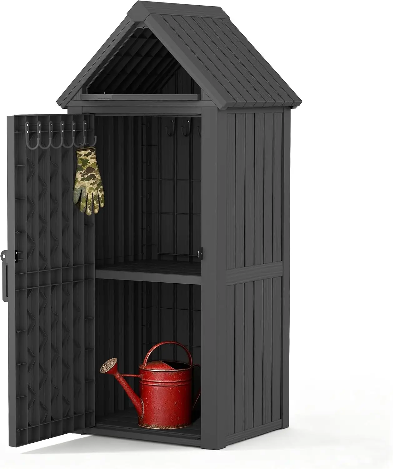 Vertical Outdoor Storage Shed Waterproof Resin Outdoor Storage Cabinet With Removable Shelves Hooks Lockable Small Tool Shed Cushion Storage Container Container For Garden Backyard Patio Pool, Black