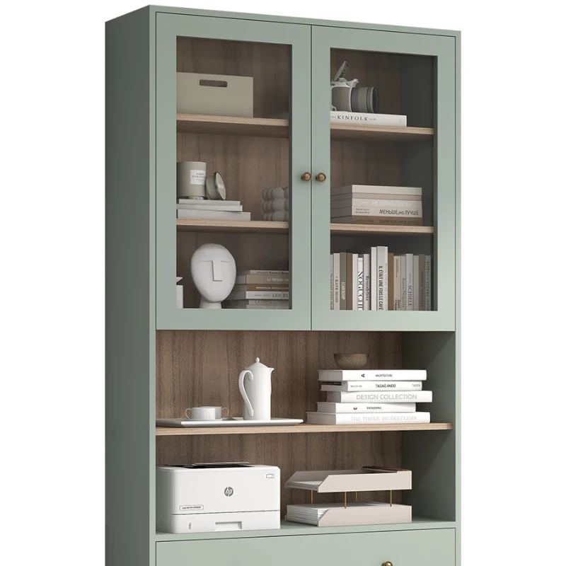

Green Bookcase with Glass Door High Cabinet Wall Storage Cabinet Display Cabinet