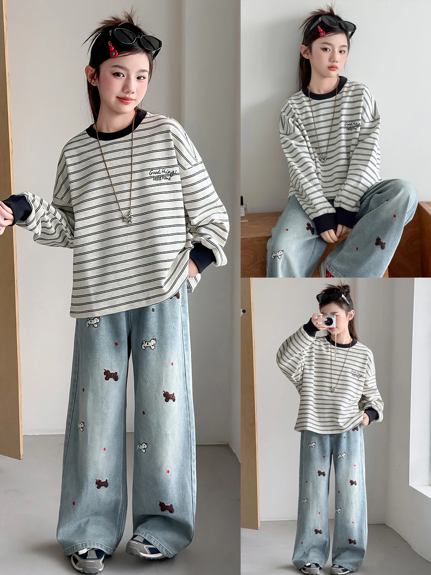 女の子用スウェットセット-カジュアルストライプトップ-デニムパンツ-春ファッション-子供服-吸湿性-耐摩耗性