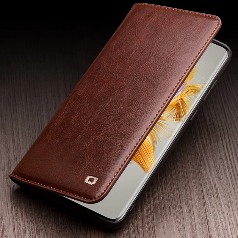 

QIALINO Genuine Leather Flip Case for Huawei Mate 50 Ultra Light Luxury Phone Cover with Card Slot Handmade Case for Mate 50 Pro