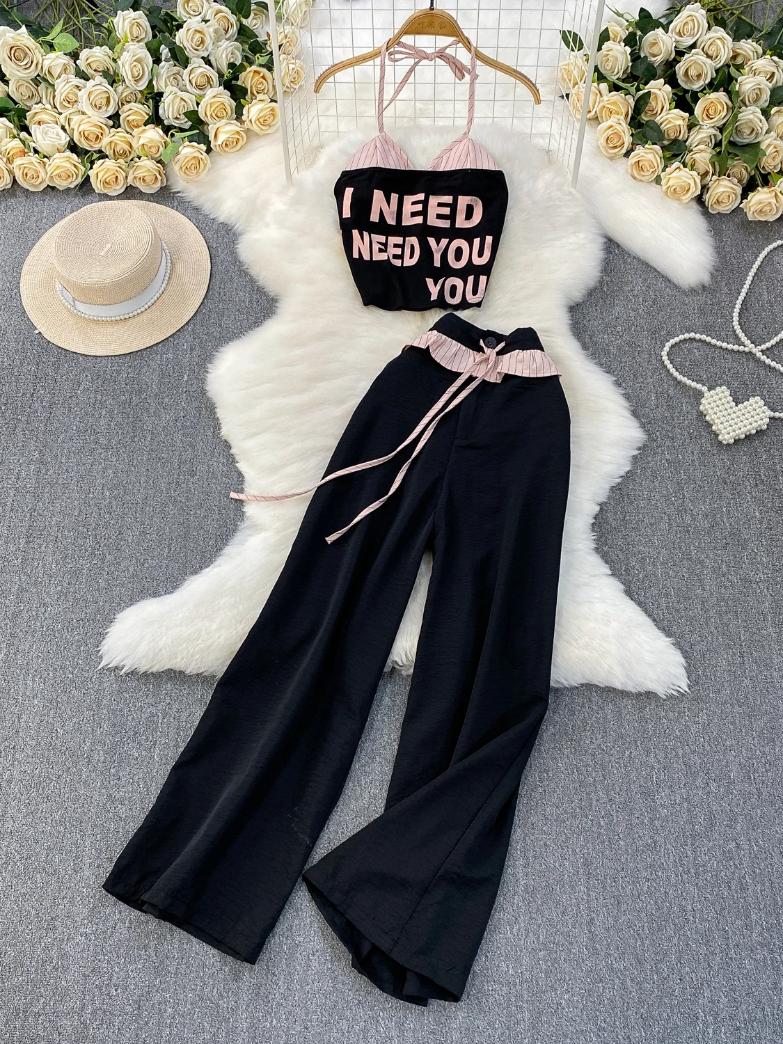 طقم ثلاثي القطع على الطراز الأمريكي: توب أنبوبي محبوك مثير مع طباعة حروف، وبنطلون طويل عالي الخصر للتنحيف #1