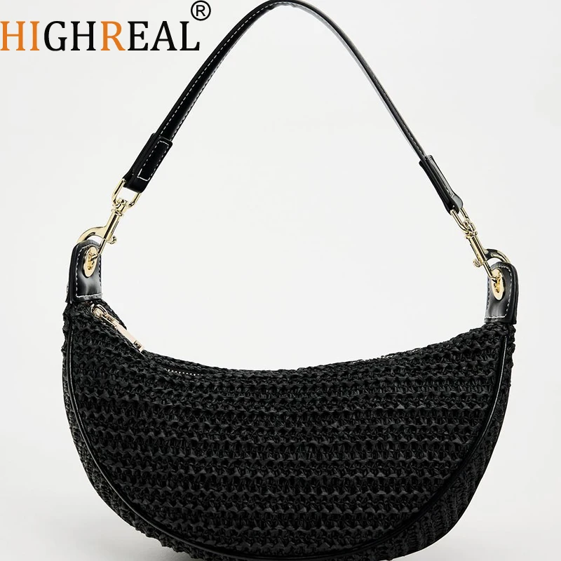 HIGHREAL-Saco Crossbody Tecido De Palha Para Mulheres, Bolsa De Ombro, Bolsas Mensageiro, Praia, Feriado, Compras, Senhoras, Verão