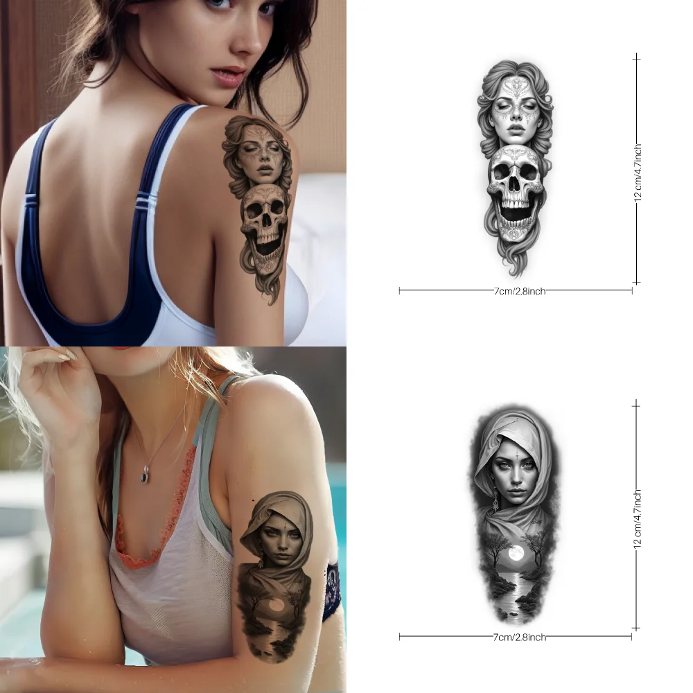 36pcs Waterproof Tattoo Stickers Realistic 3d Divine Figures For Men Women Arm Neck Devil Skull Tattoo Black Tatoo Small Desgin