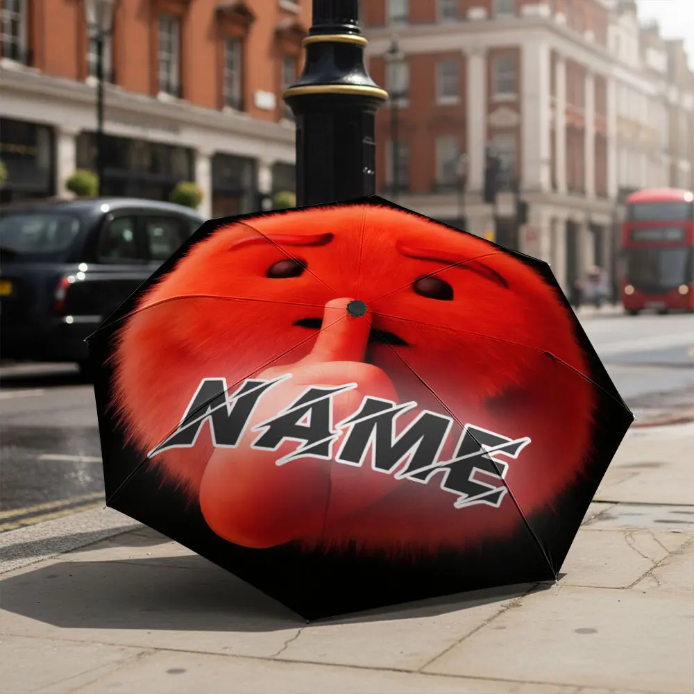 Custom Name Umbrella Red Furry Shush Emoji Cartoon Character Print Compact Folding Travel Parasol Funny Novelty gift For People