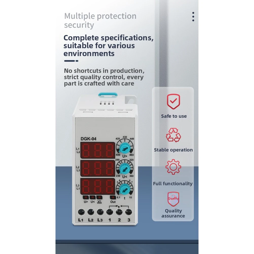 

DGK-04 3-Phase 380V Adjustable Voltage Relay LED Display High And Low Voltage Limit Setting For DIN Rail Or Panel Installation