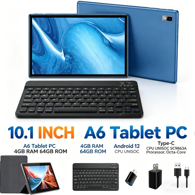 10.1 INCH T10 RAM 4GB ROM 64GB A6 Android 12 Tablet PC CPU UNISOC SC9863A Processor, Octa-Core Cortex-A53 Type-C