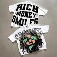 American Street Hip Hop Gothic Rich Printed Round Neck Oversized Tops Youthful Summer Cotton Heavyweight Loose Pullover T-shirt