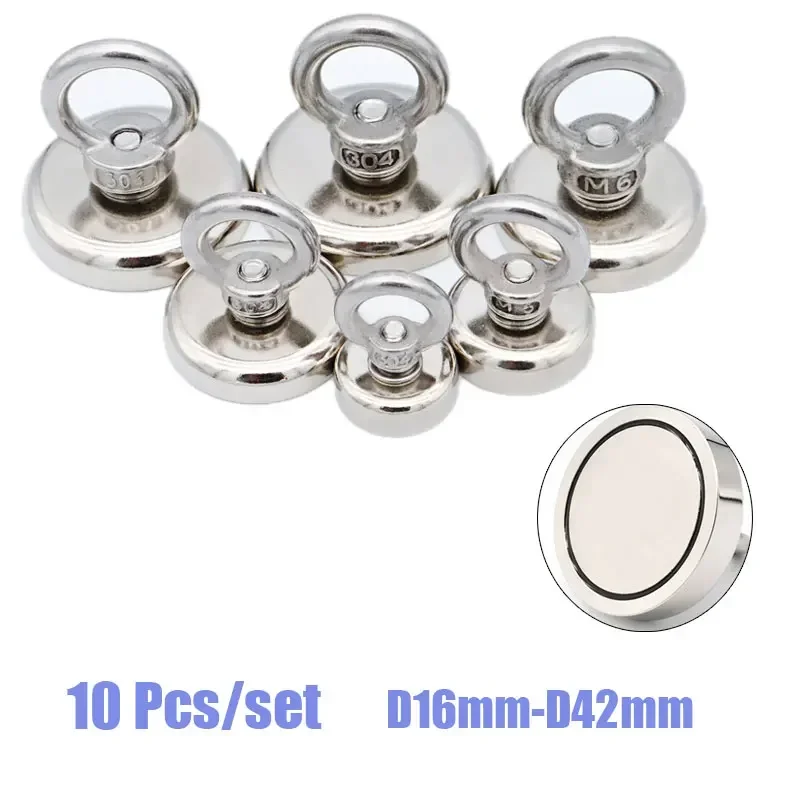 10 Pcs Powerful Search Magnets Hook Strong Neodymium Magnet Magnetic Holder Fishing Salvage Permanent Ndfeb Holder D16mm D25mm