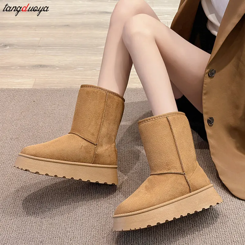 Women Suede Leather Snow Boots 2024 Winter New Causal Plush Fluffy Mid-calf Boots Women outdoor platform Anti-cold Warm Boots