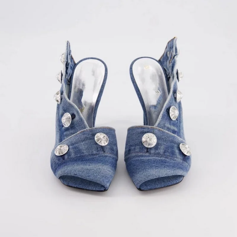 FHC 2024 New Women High Heels Denim Sandals,Metal Rivets Summer Shoes,Back Hollow Out,Square Toe,Big Size 34-44,Blue,Dropship