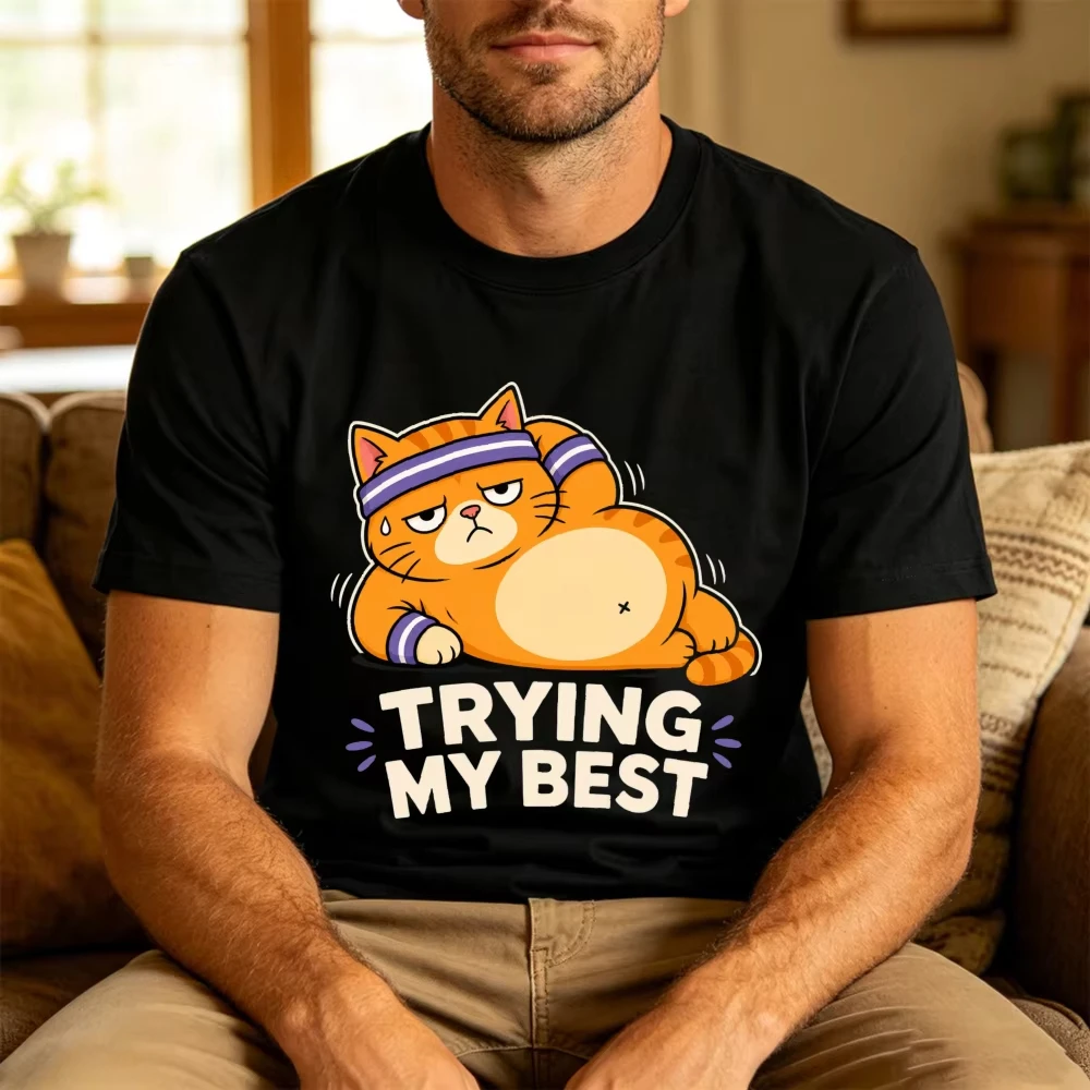 Cute Cat Trying My Best Cartoon Print Summer Casual Fashion Men T-Shirt Cotton Short Sleeve Unisex Top for Everyday Wear Gift