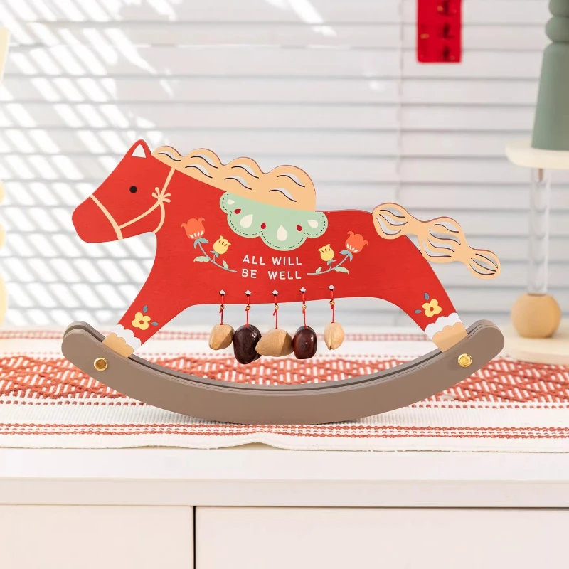 Lucky wooden rocking horse clock ornament,New Year horse mascot ornament,living room foyer desktop decor crafts,children's gifts