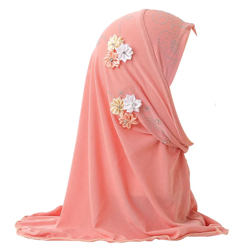 Modest Beauty girls Muslim Islamic Scarf Hijab Handmade flower lovely Rhinestone Headscarf for Kids