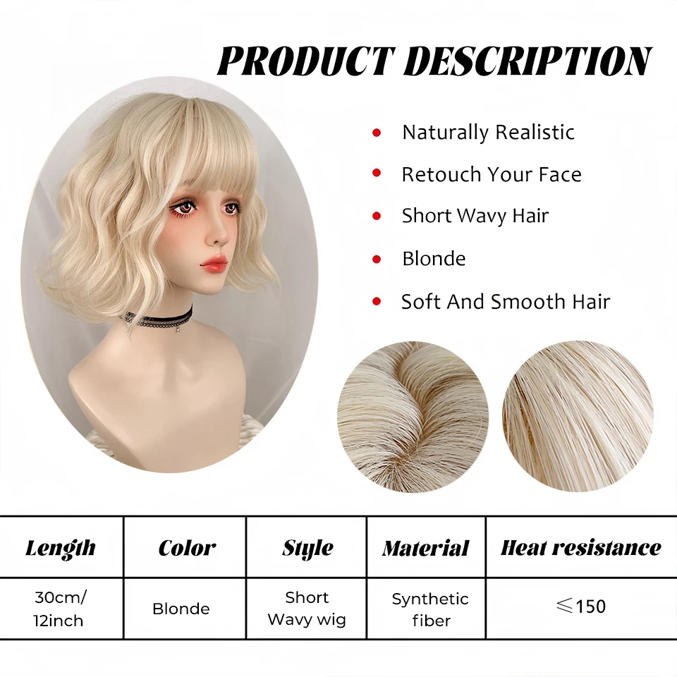 OLACARE Blonde Short Curly Bob Synthetic Wigs with Bangs Lolita Cosplay Wigs for Women Daily Party Cosplay Heat Resistant