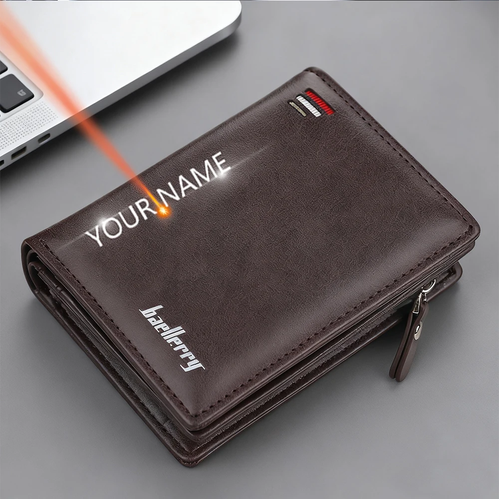 

New Big Capacity Men Wallets Short Card Holder Name Engraving Vintage Male Coin Purse Zipper Coin Pocket Simple Desigh For Men
