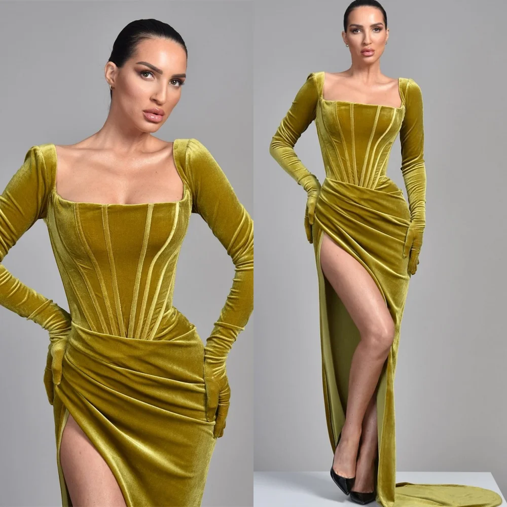 

Customized Fashion Velour Evening Dresses Exquisite Square Collar Long Sleeves Homecoming Dresses Luxury Special Occasion Gowns