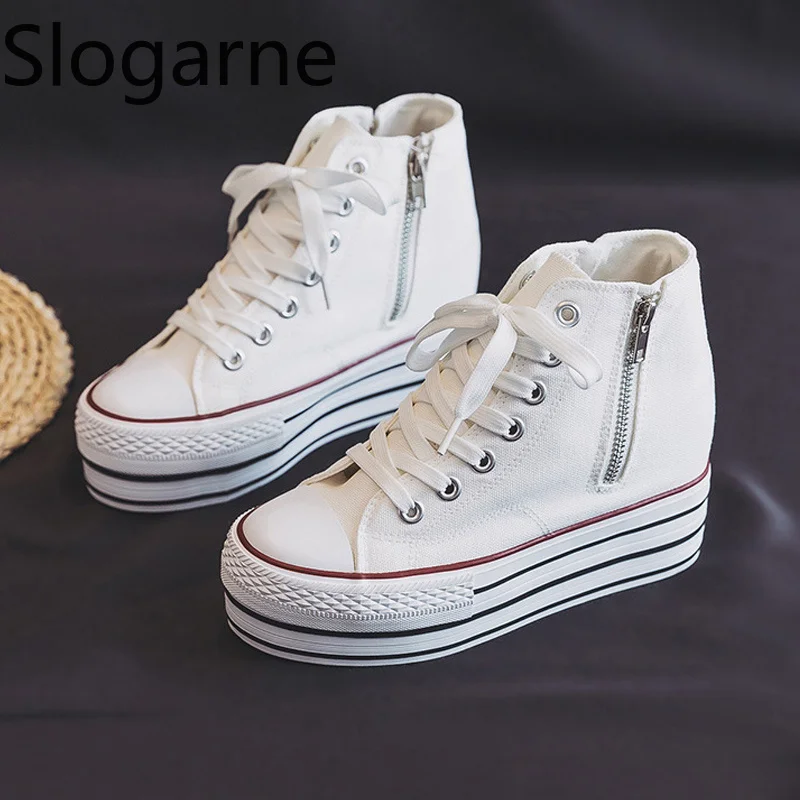 Women 10CM Platform Short Boots Ladies Inner Height Increasing 10CM Canvas Shoes 2026 New Zipper Casual Shoes Ankle Canvas Boots