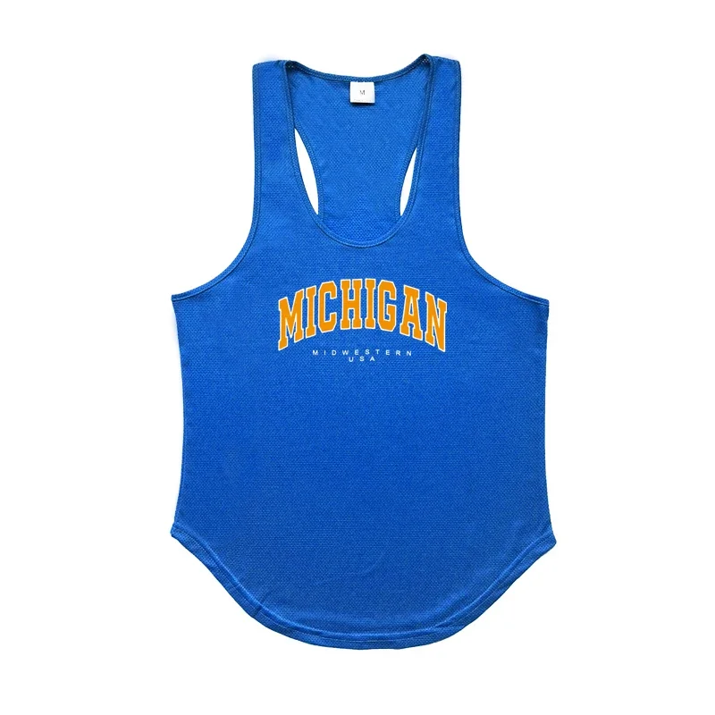 Michigan Midwestern USA Print Gym Clothing Mesh Fitness Tank Top Men Bodybuilding Sleeveless Shirt Y-Back Workout Stringer Vests