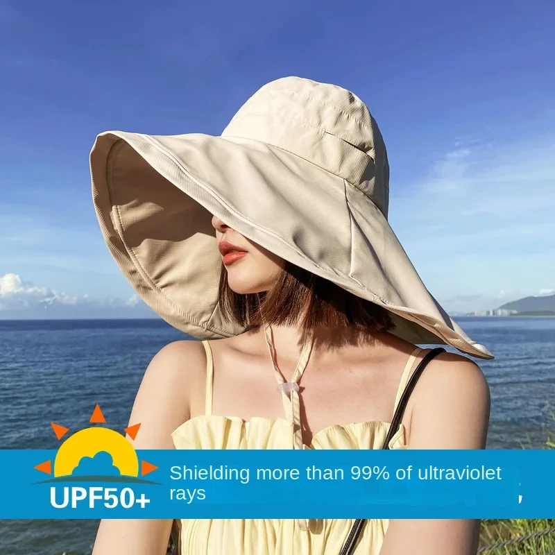 Sombrero de sol de ala grande de 18cm a la moda con cuerda para mujer, protección UV, gorra de pescador para exteriores para mujer, sombrero de