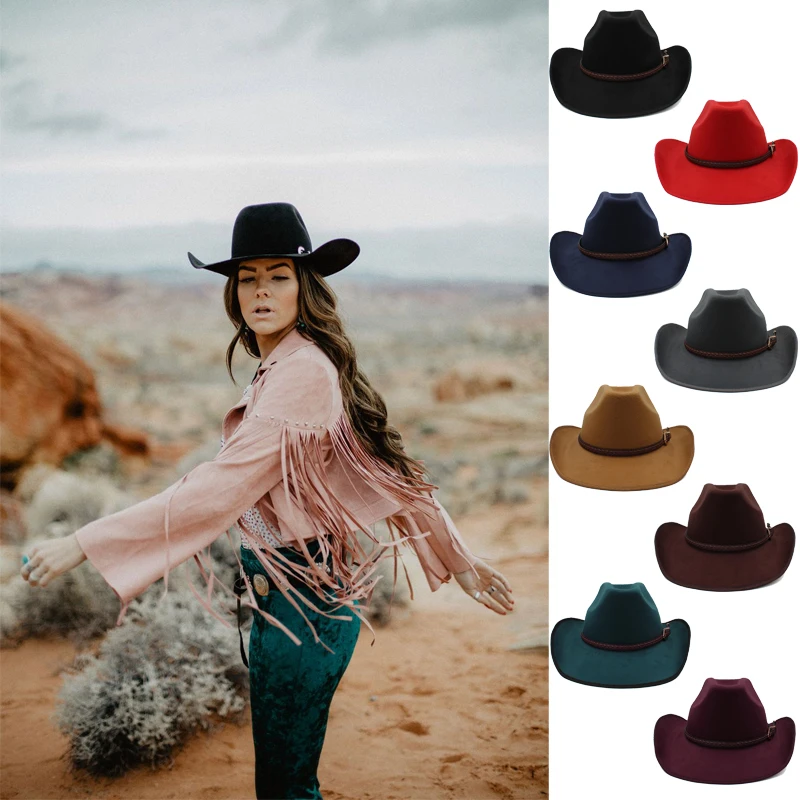 

Men Women Woolen Western Cowboy Hats Wide Brim Sunhats Party Travel Sombrero Outdoor Caps Classical Retro US Size 7 1/4 UK L