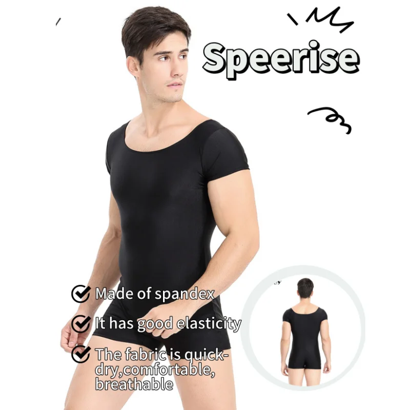 

Speerise Men's Short Sleeve Leotard Round Neckline Bodysuits Adults Spandex Nylon Black Gymnastics Leotards Dancewear